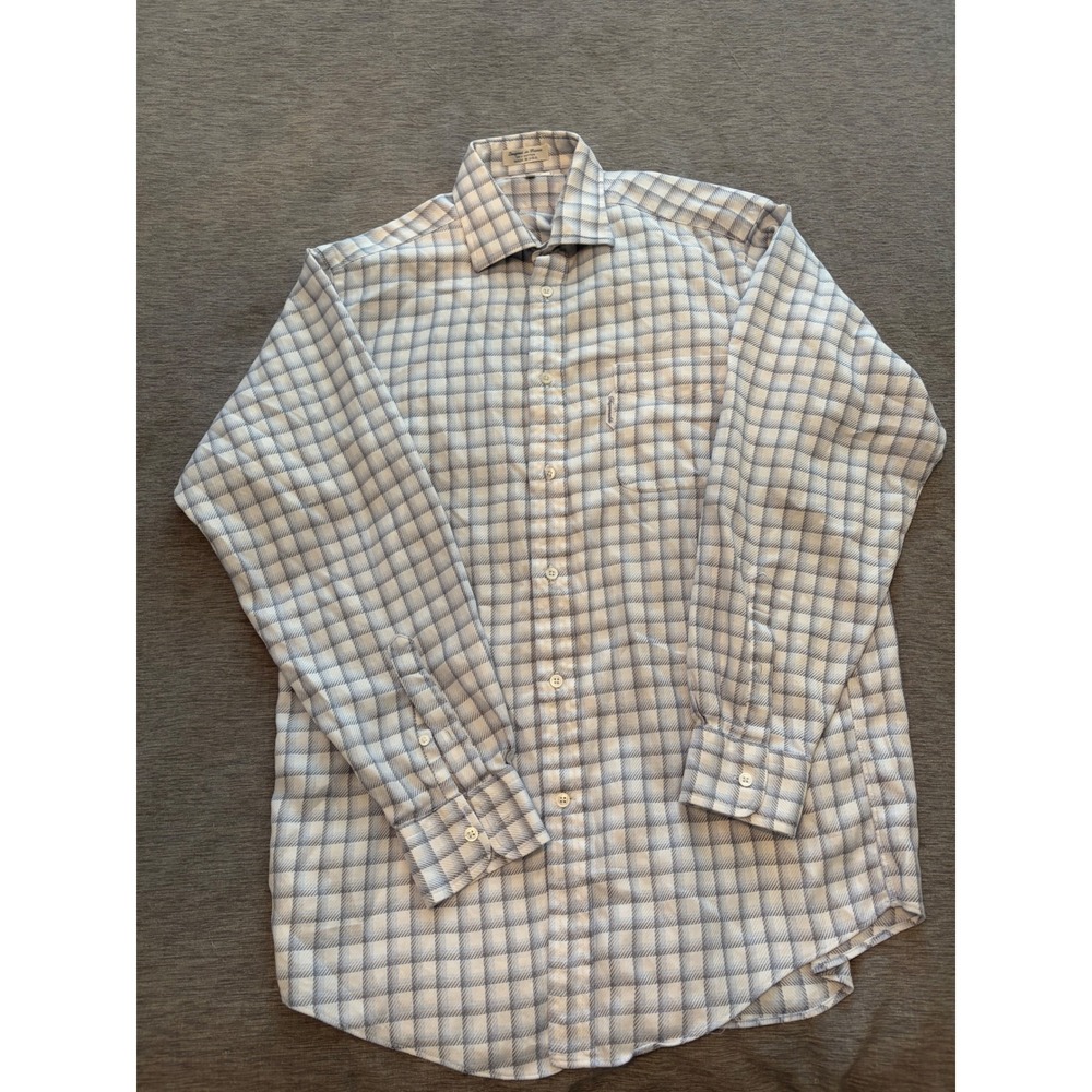 Faconnable Mens Blue White Plaid Cotton Button Down Shirt Made in USA Size L